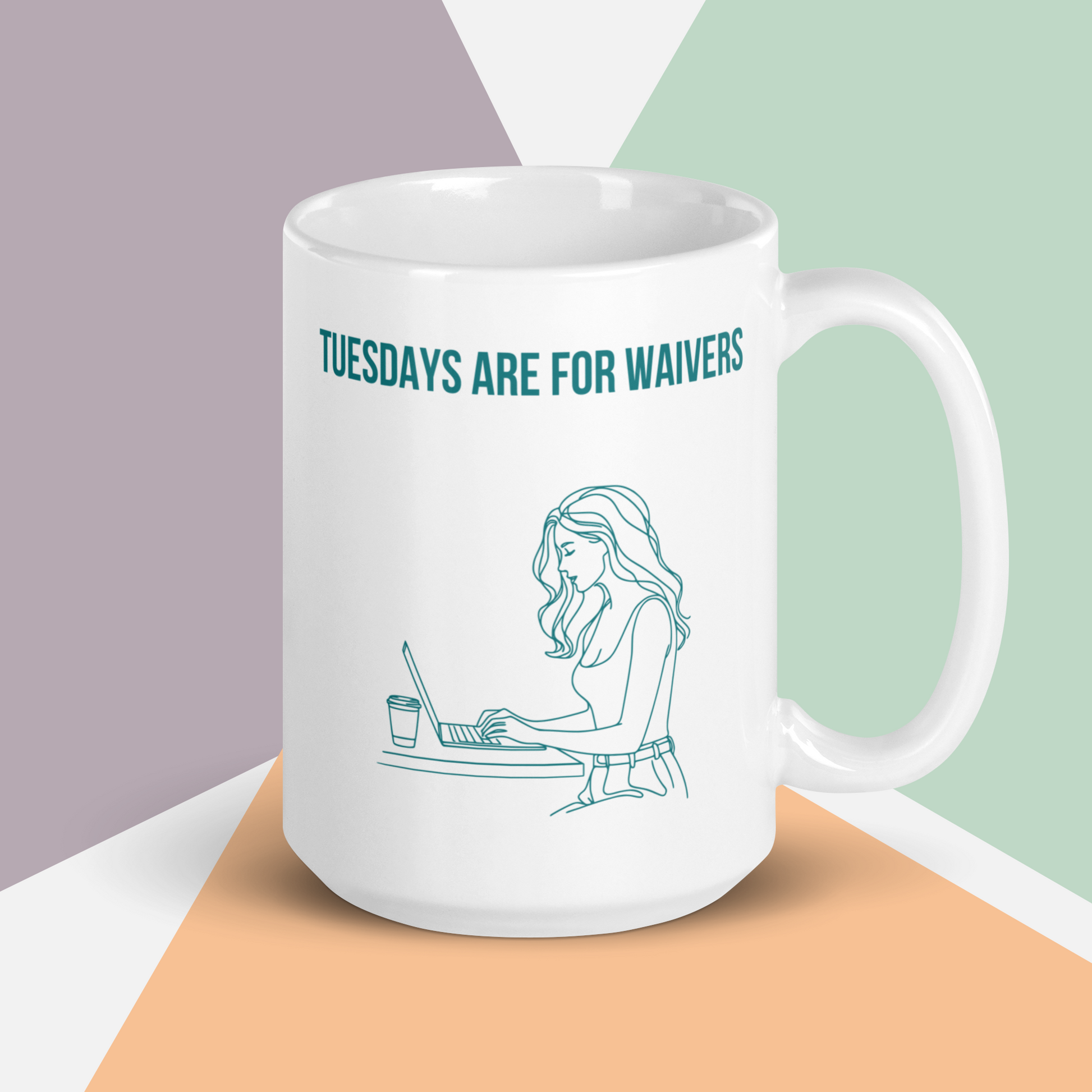 White ceramic mug displays line art of woman working on a laptop. The text reads "TUESDAYS ARE FOR WAIVERS" indicating that she is researching her fantasy football team options and lining up her waiver wire before the Tuesday night deadline.