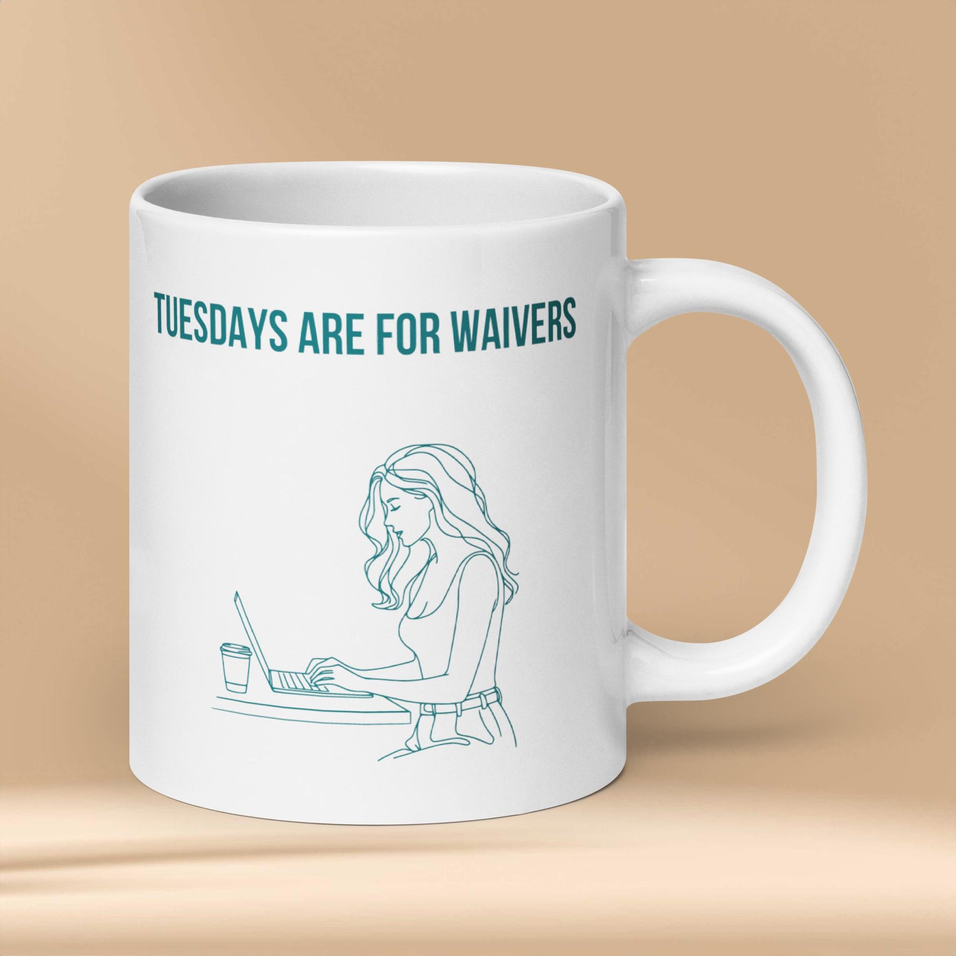 White ceramic mug displays line art of woman working on a laptop. The text reads "TUESDAYS ARE FOR WAIVERS" indicating that she is researching her fantasy football team options and lining up her waiver wire before the Tuesday night deadline.