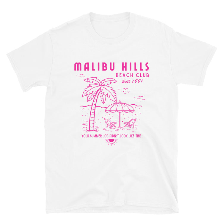 Flat lay of white t-shirt with Malibu Hills Beach Club Est. 1991 design in hot pink