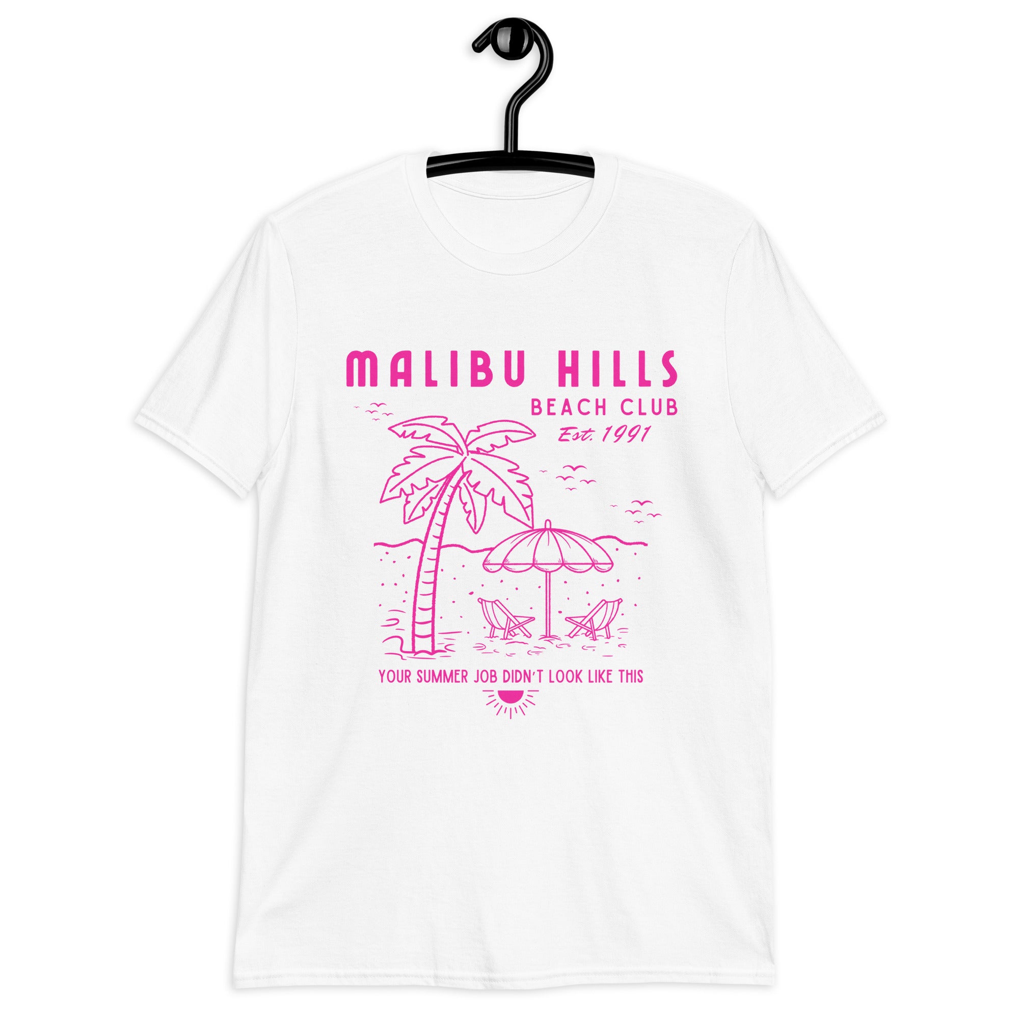 White tshirt with hot pink design of Malibu Hills Beach Club on hanger