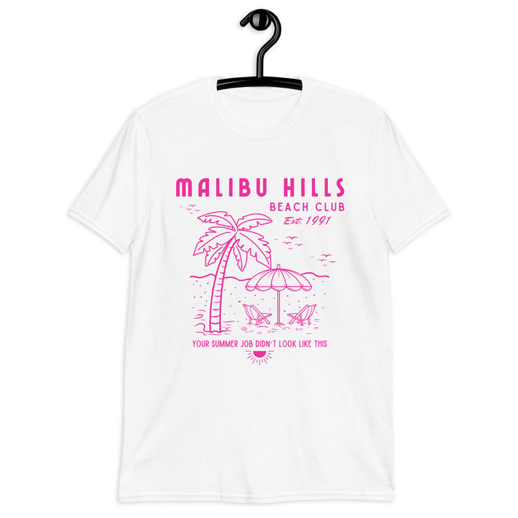 White tshirt with hot pink design of Malibu Hills Beach Club on hanger