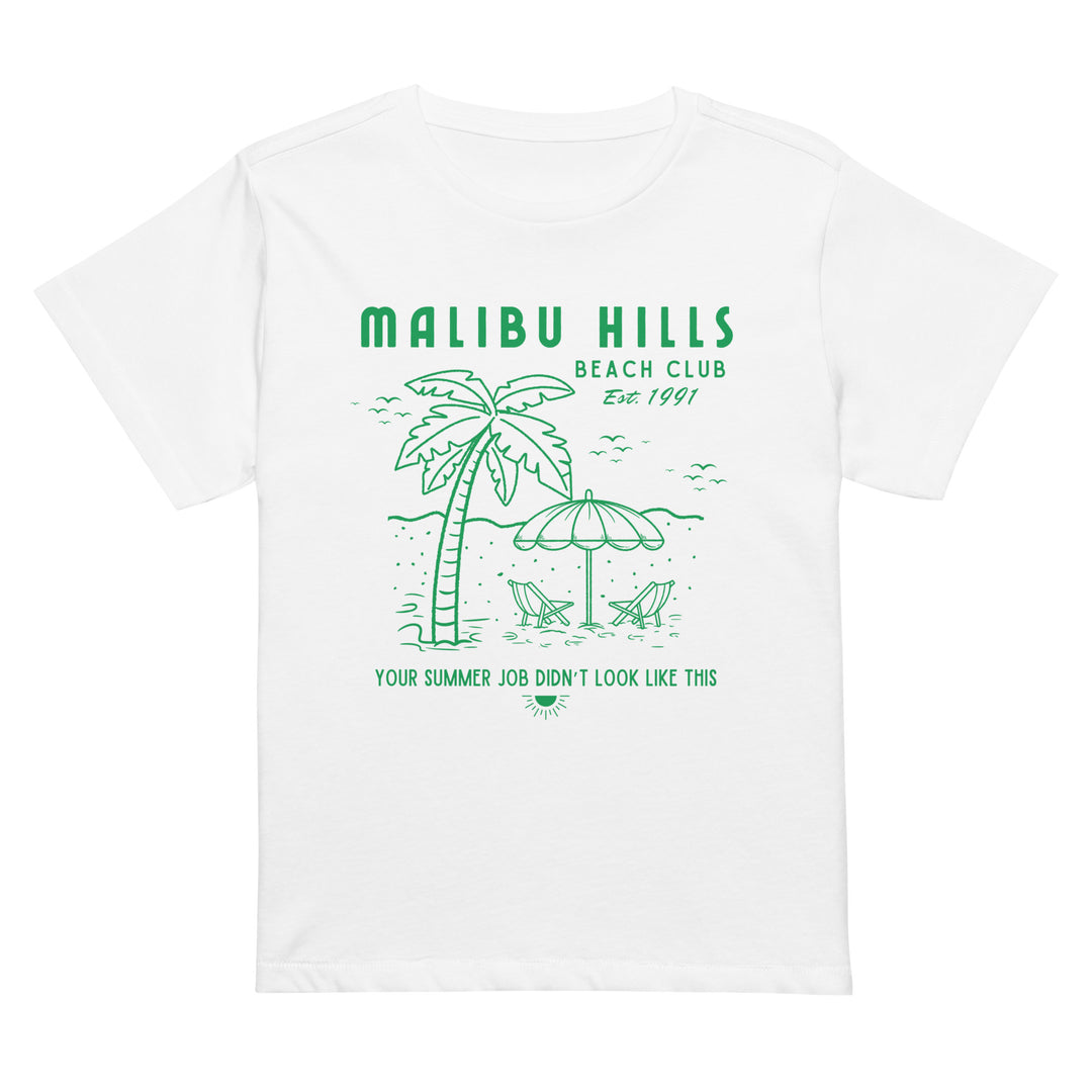 Nostalgic 90s inspired graphic tee featuring iconic malibu beach club messaging in white with kelly green graphics