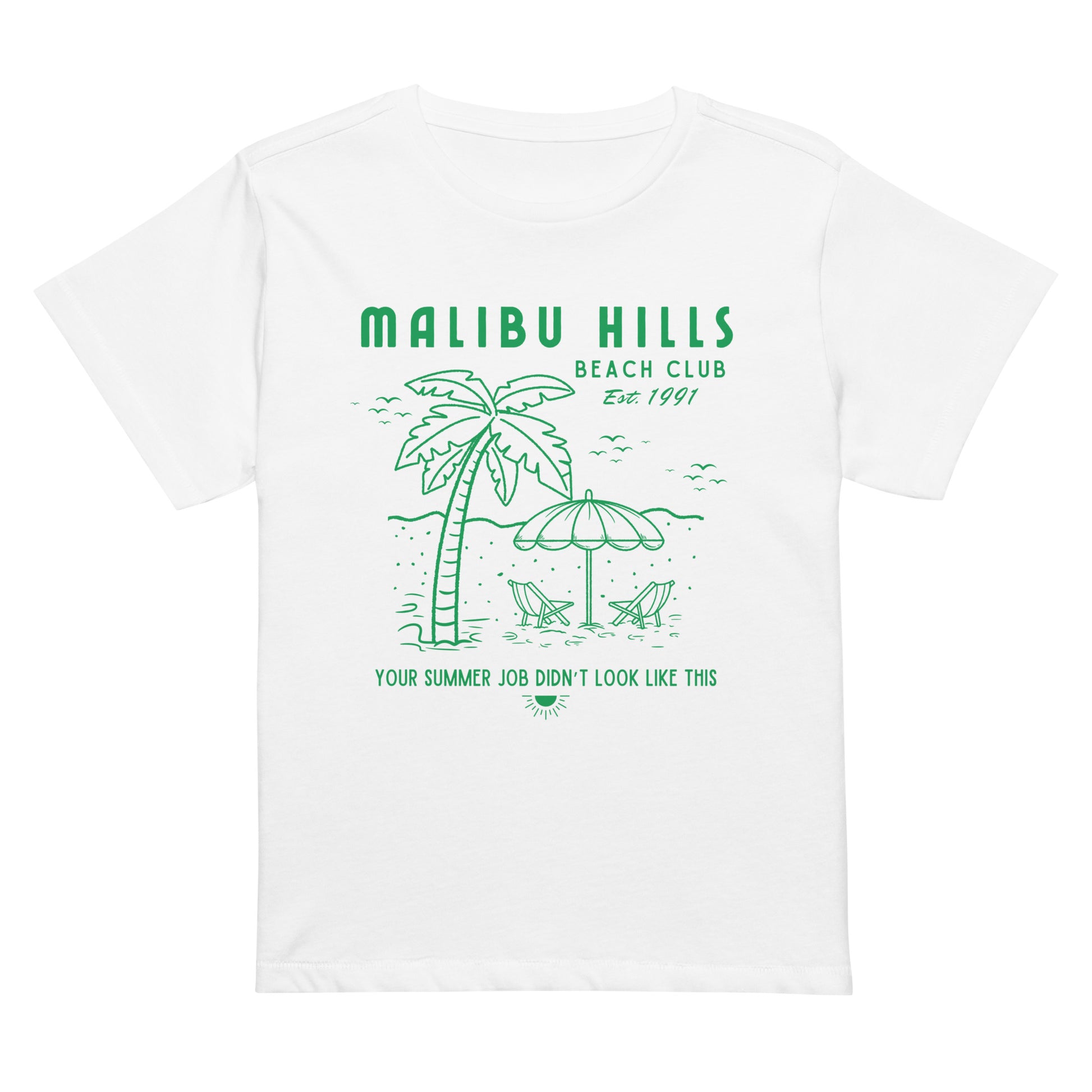 Nostalgic 90s inspired graphic tee featuring iconic malibu beach club messaging in white with kelly green graphics