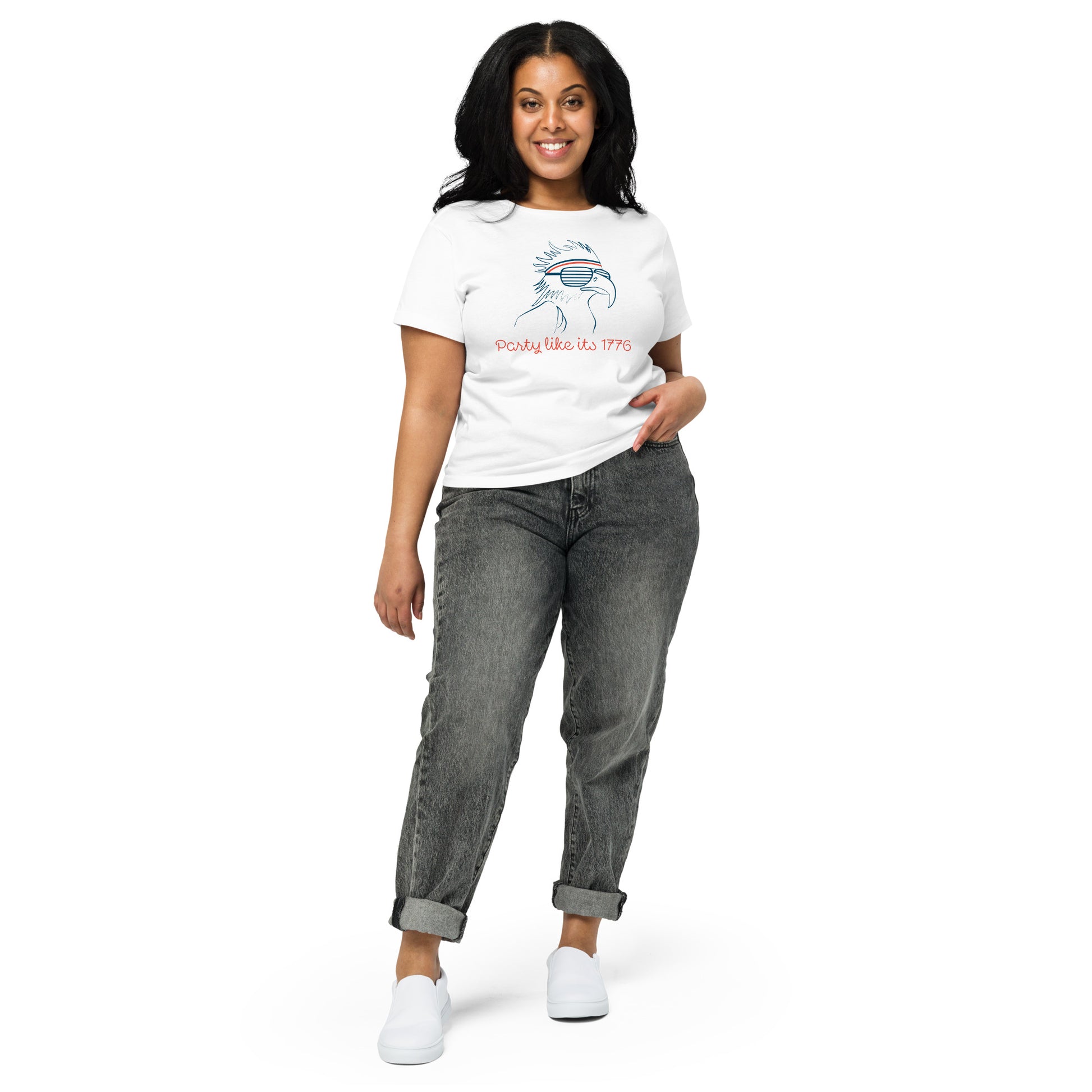 Bald eagle Fourth of July shirt for women — sweatband, sunglasses, and vintage 1776 party vibes