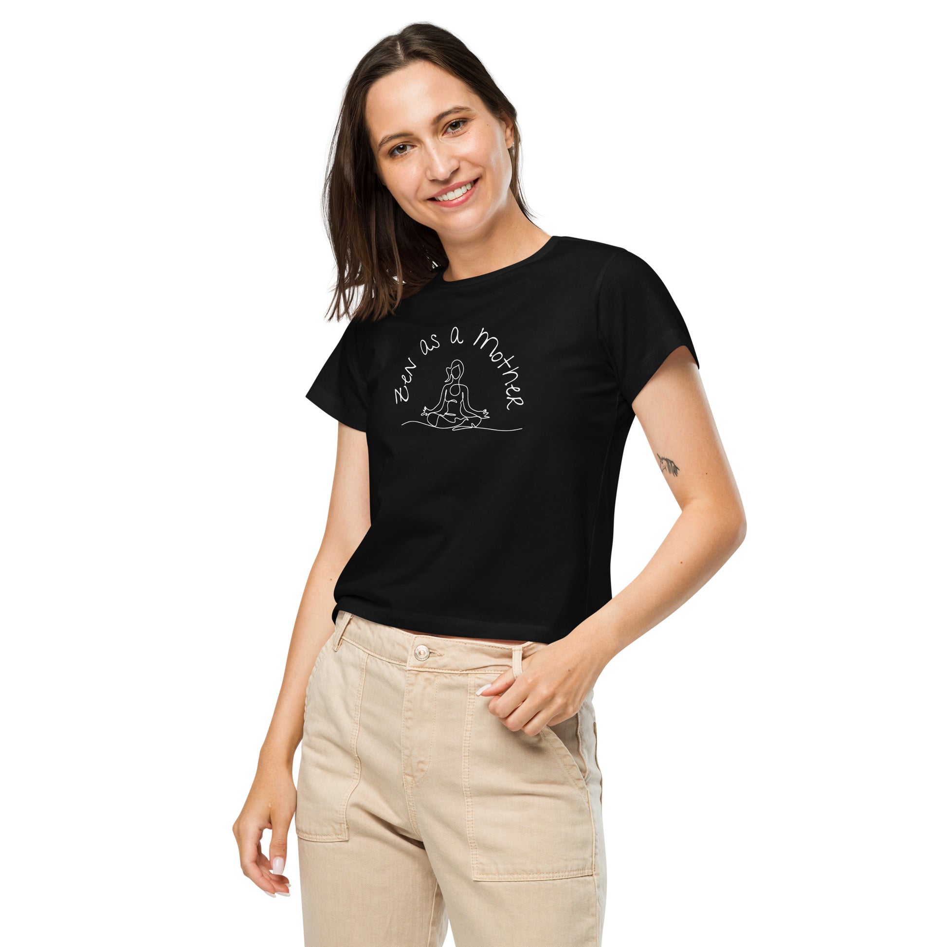 Woman wearing Black "Zen As a Mother" graphic tee, smiling in a relaxed casual pose