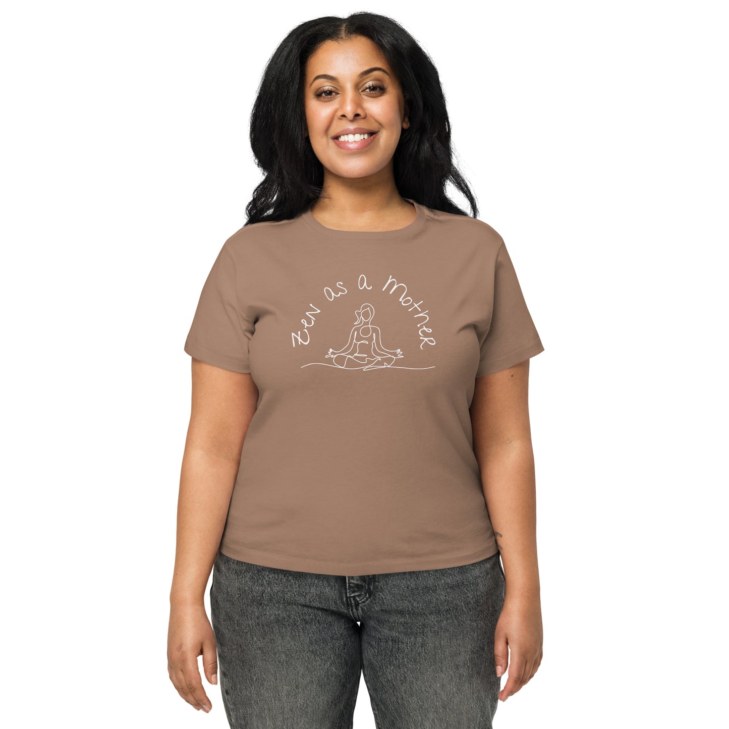 Woman wearing Latte Tan "Zen As a Mother" graphic tee, smiling in a relaxed casual pose