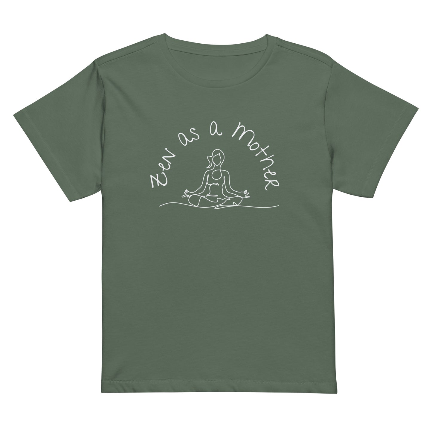 Green Zen As a Mother tee with white font & graphics, mid-length cut