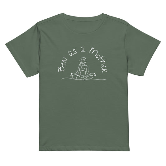 Green Zen As a Mother tee with white font & graphics, mid-length cut