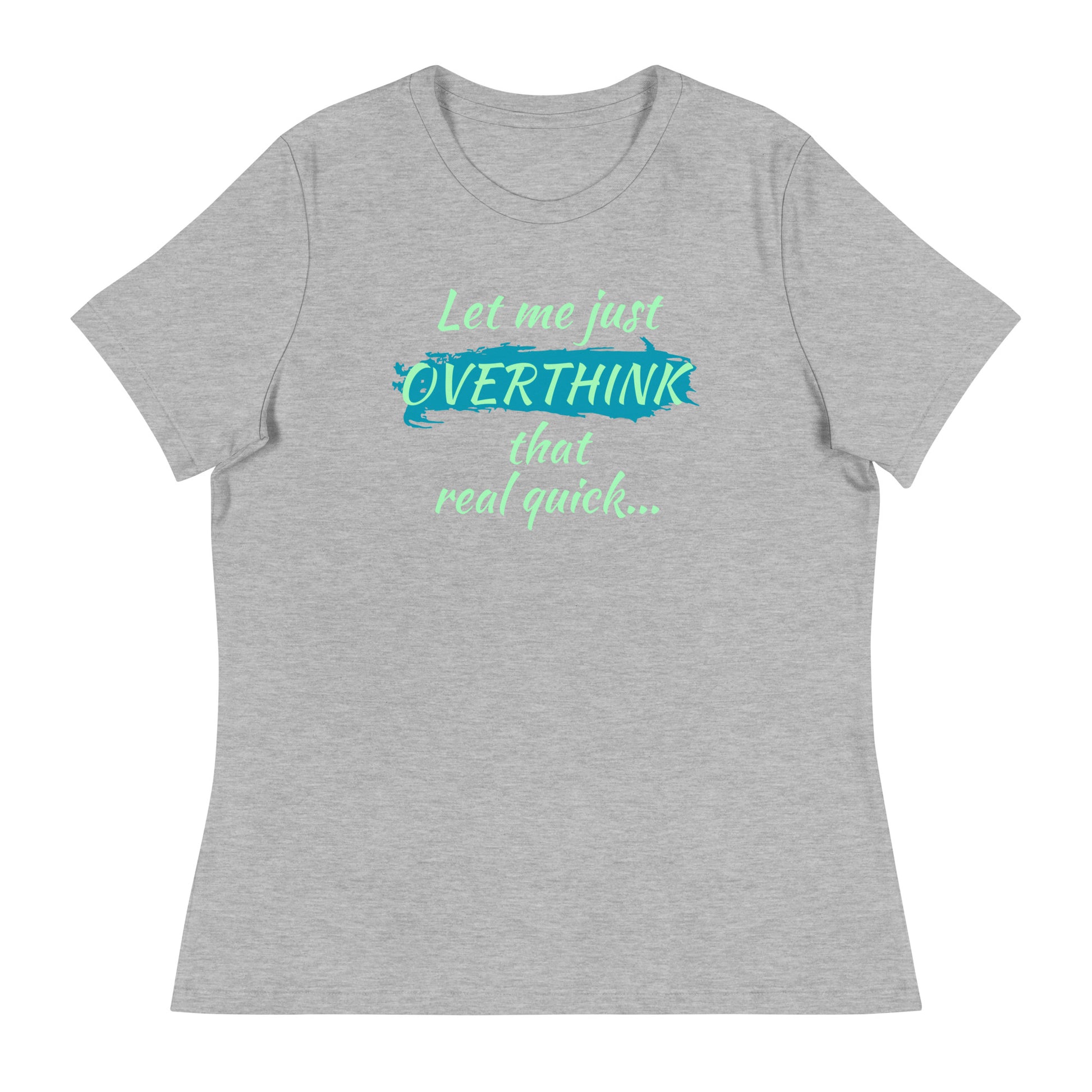Flat lay of a gray overthinkers T-shirt with playful green and blue lettering — relatable mental health tee for women.