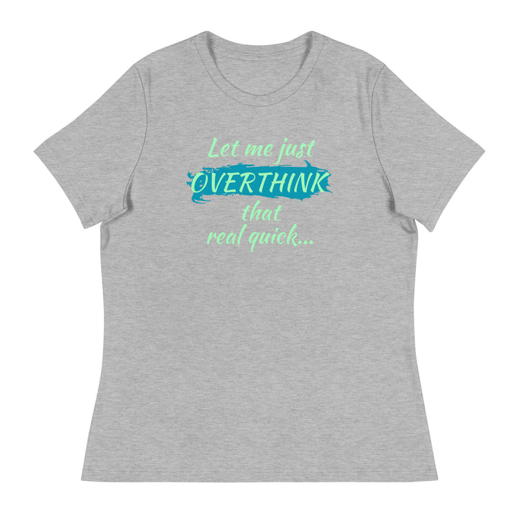 Flat lay of a gray overthinkers T-shirt with playful green and blue lettering — relatable mental health tee for women.