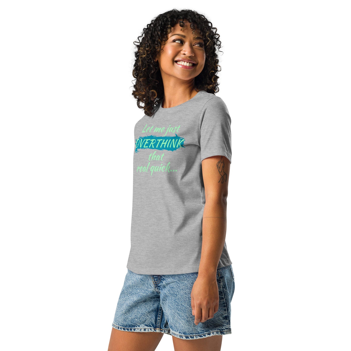Female model in a gray overthinkers tee with vibrant green and blue lettering — humorous women’s mental health shirt.