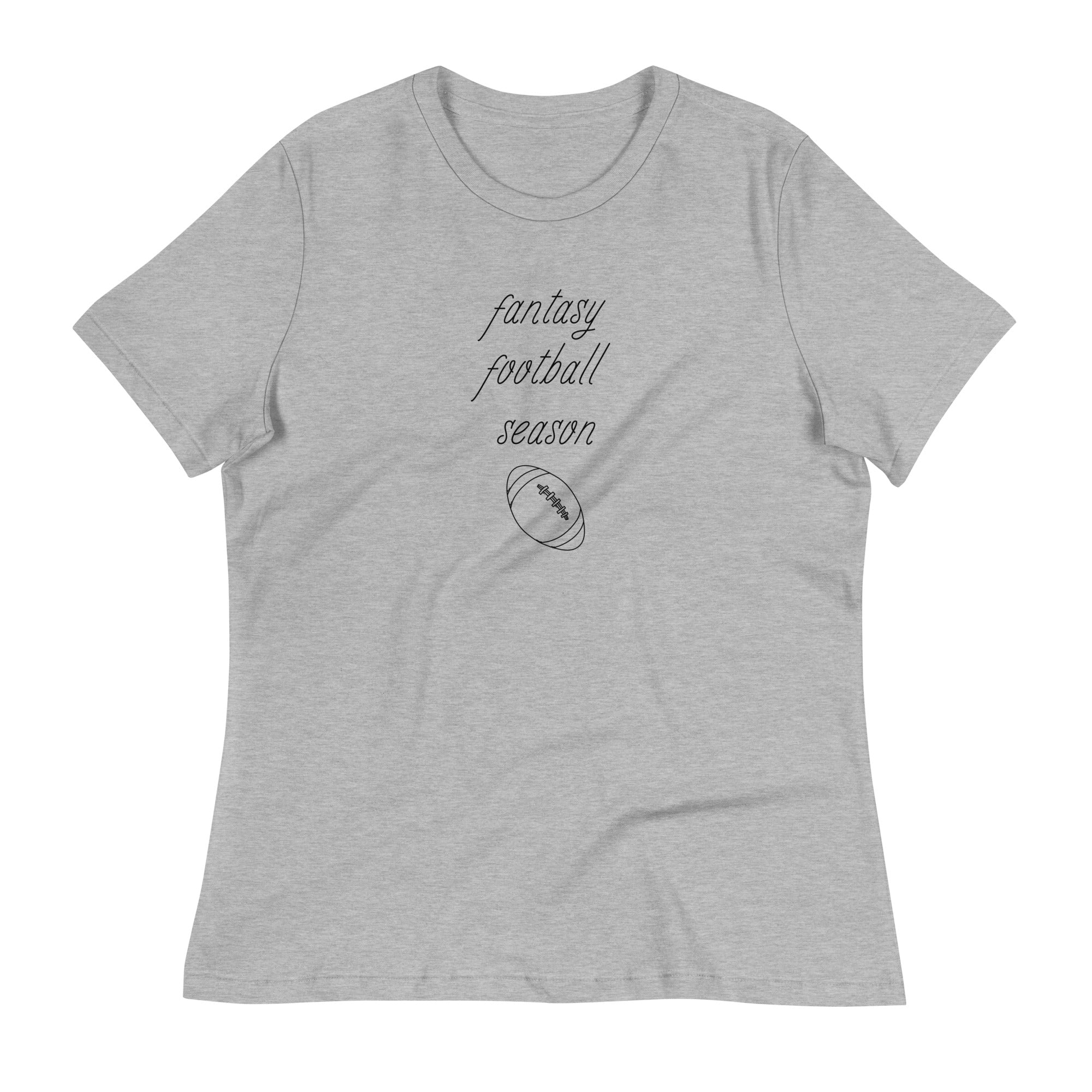 Heather gray women's tee shirt that reads "FANTASY FOOTBALL SEASON" along with an image of a football. The font is a thin and flowy cursive that is pretty and feminine.