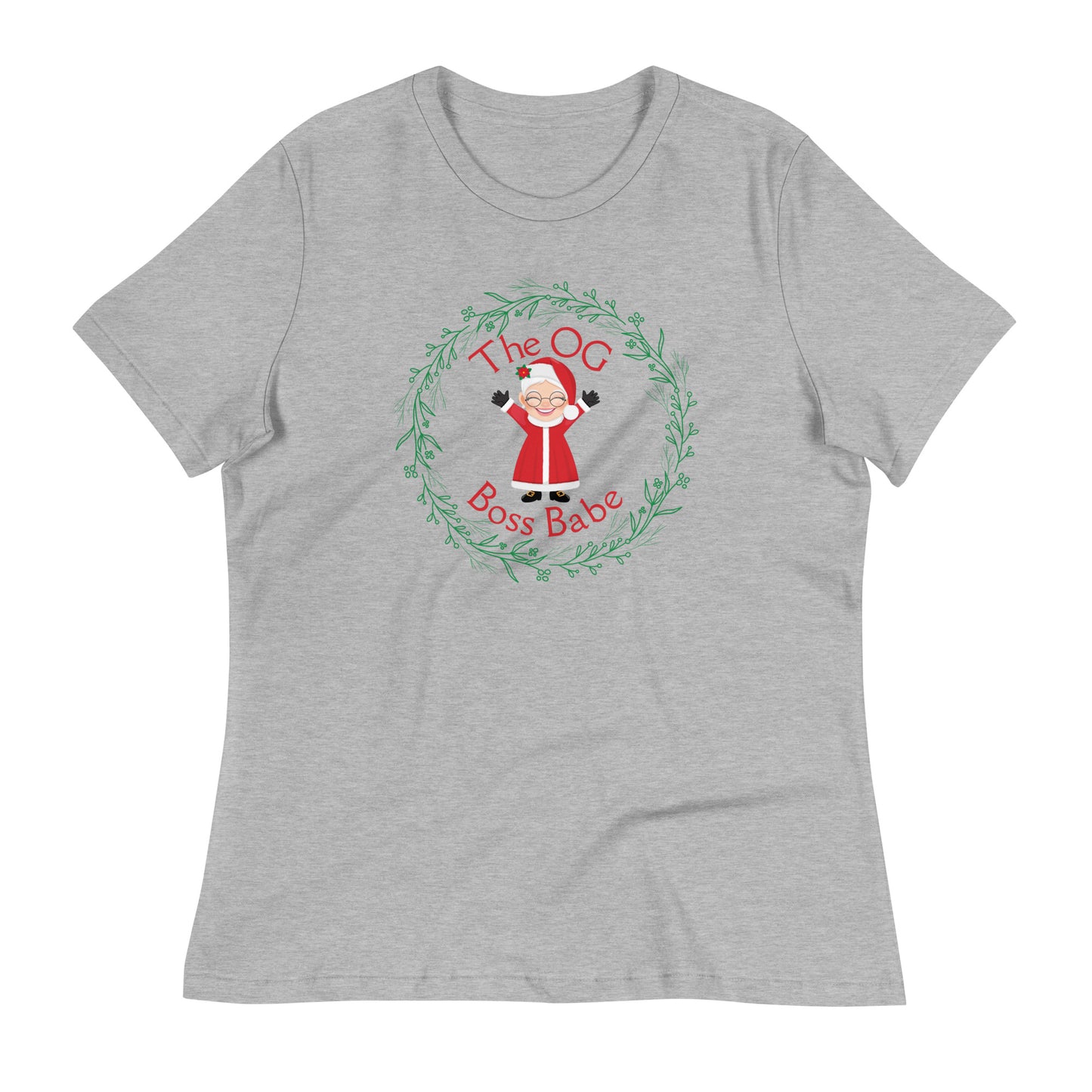 A gray t-shirt with a circular graphic featuring Mrs. Claus along with the text "The OG Boss Babe" printed inside a wreath design.