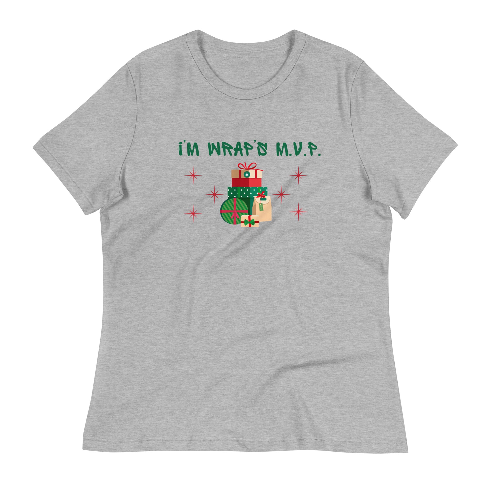 Women's festive holiday tee reads "I'm wrap's MVP" next to a stack of neatly wrapped holiday gifts and red stars.