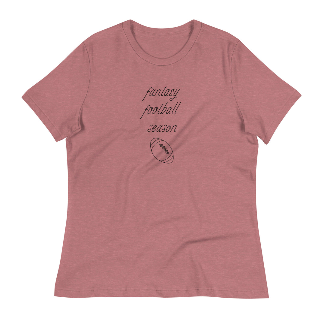 Mauve women's tee shirt that reads "FANTASY FOOTBALL SEASON" along with an image of a football. The font is a thin and flowy cursive that is pretty and feminine.