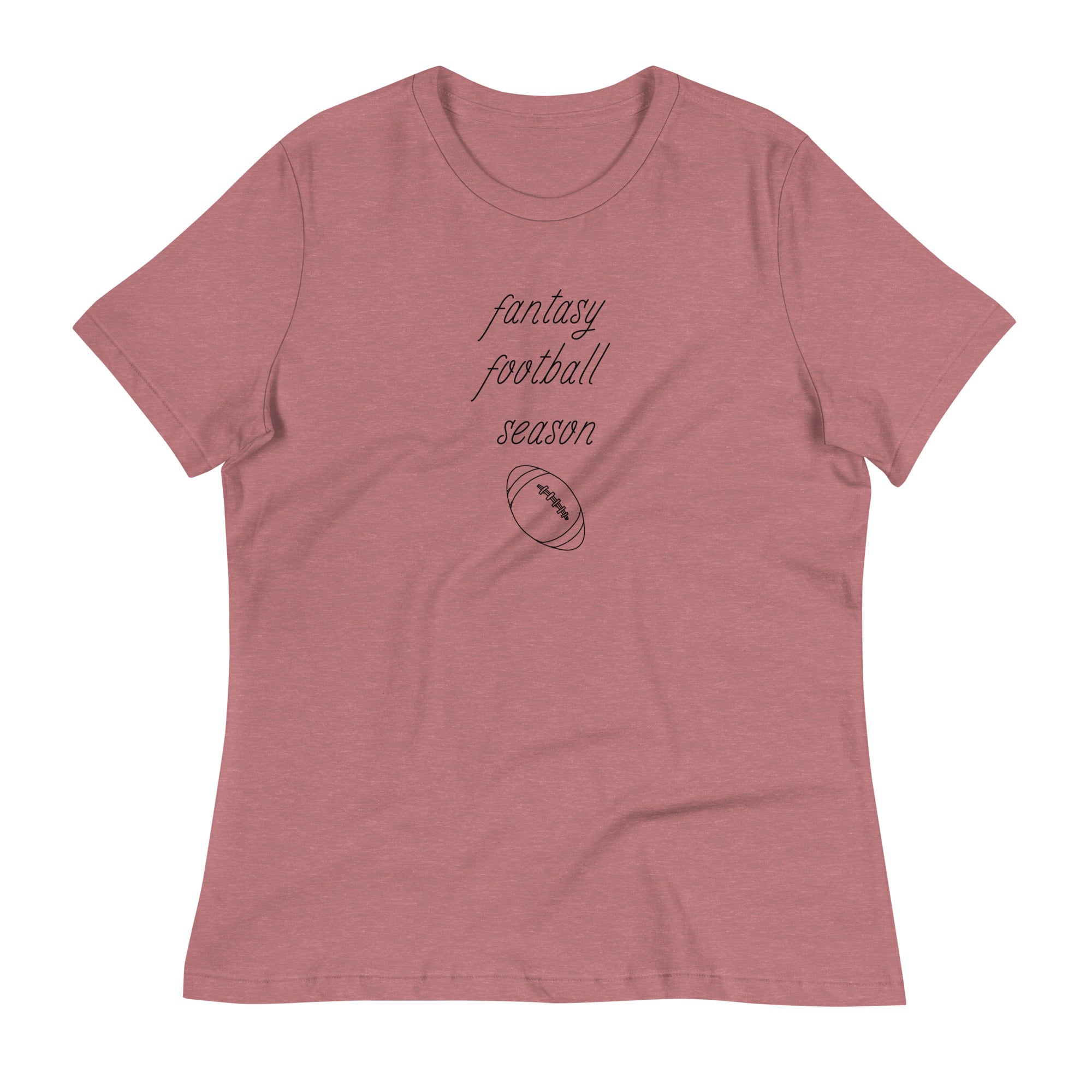 Mauve women's tee shirt that reads "FANTASY FOOTBALL SEASON" along with an image of a football. The font is a thin and flowy cursive that is pretty and feminine.