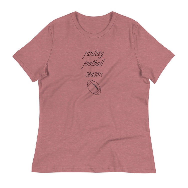 Mauve women's tee shirt that reads "FANTASY FOOTBALL SEASON" along with an image of a football. The font is a thin and flowy cursive that is pretty and feminine.