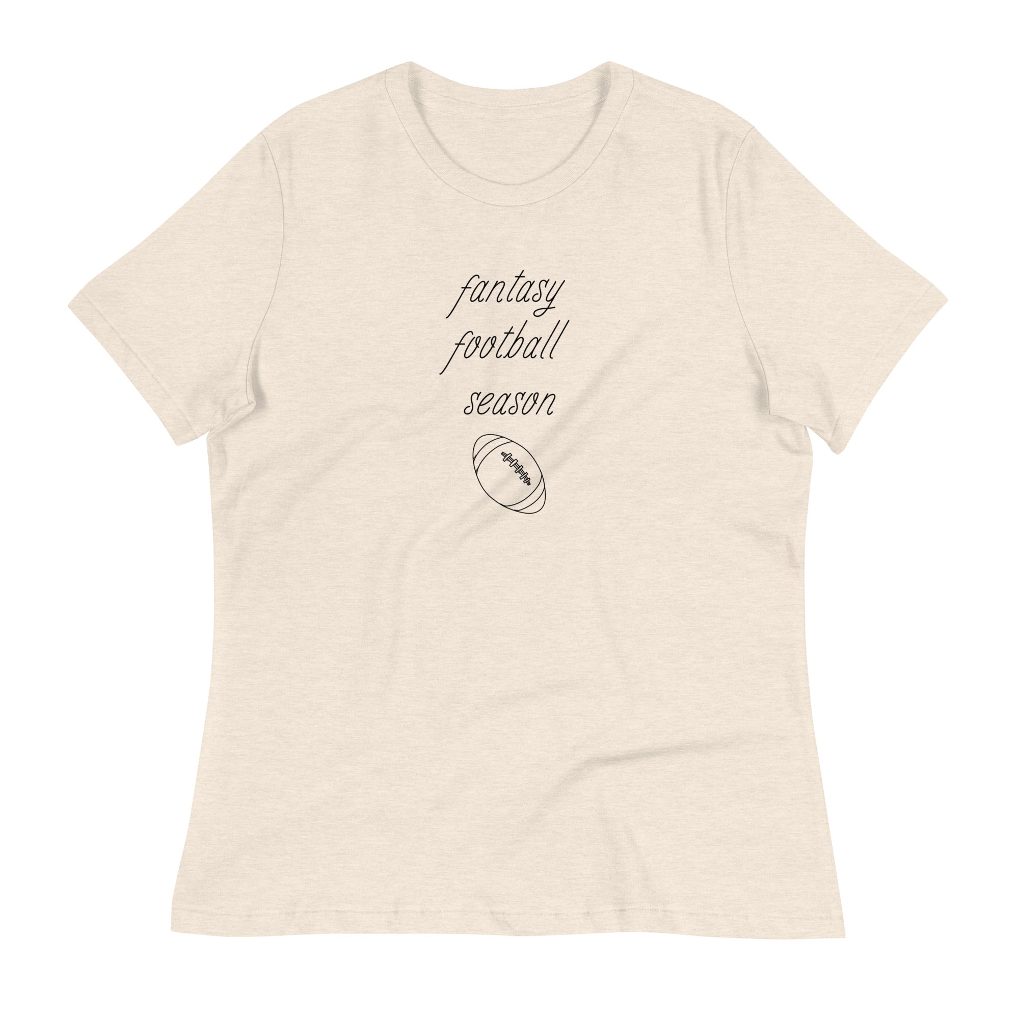 Heathered off-white women's tee shirt that reads "FANTASY FOOTBALL SEASON" along with an image of a football. The font is a thin and flowy cursive that is pretty and feminine.
