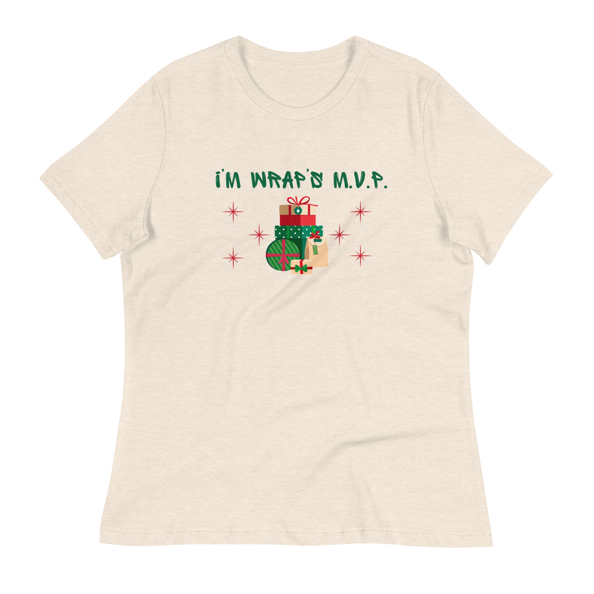 Women's festive holiday tee reads "I'm wrap's MVP" next to a stack of neatly wrapped holiday gifts and red stars.