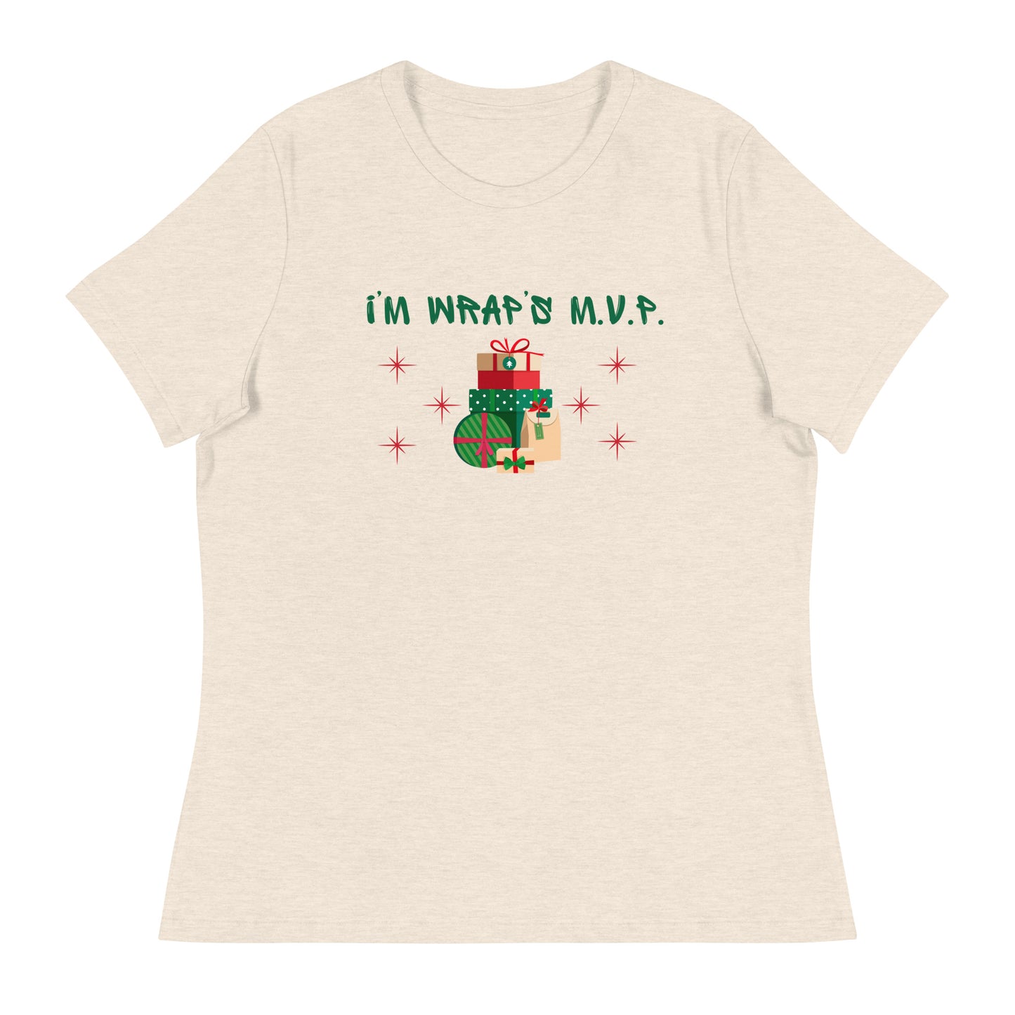 Women's festive holiday tee reads "I'm wrap's MVP" next to a stack of neatly wrapped holiday gifts and red stars.