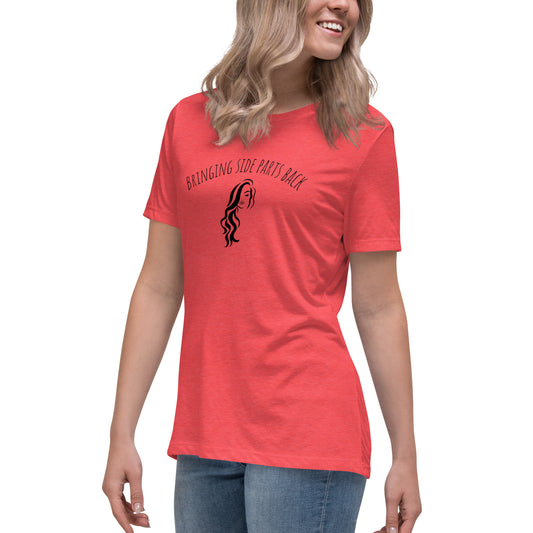 Blonde woman wears a tee shirt that reads "BRINGING SIDE PARTS BACK" along with a line art graphic of a woman with long hair parted to one side.