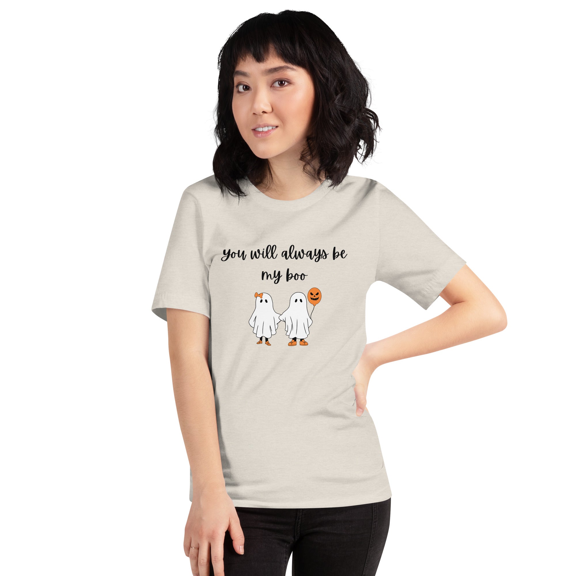 Woman wearing 'You Will Always Be My Boo' ghost T-shirt for Halloween