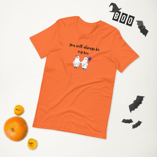 Flat lay of 'You Will Always Be My Boo' Halloween tee in orange