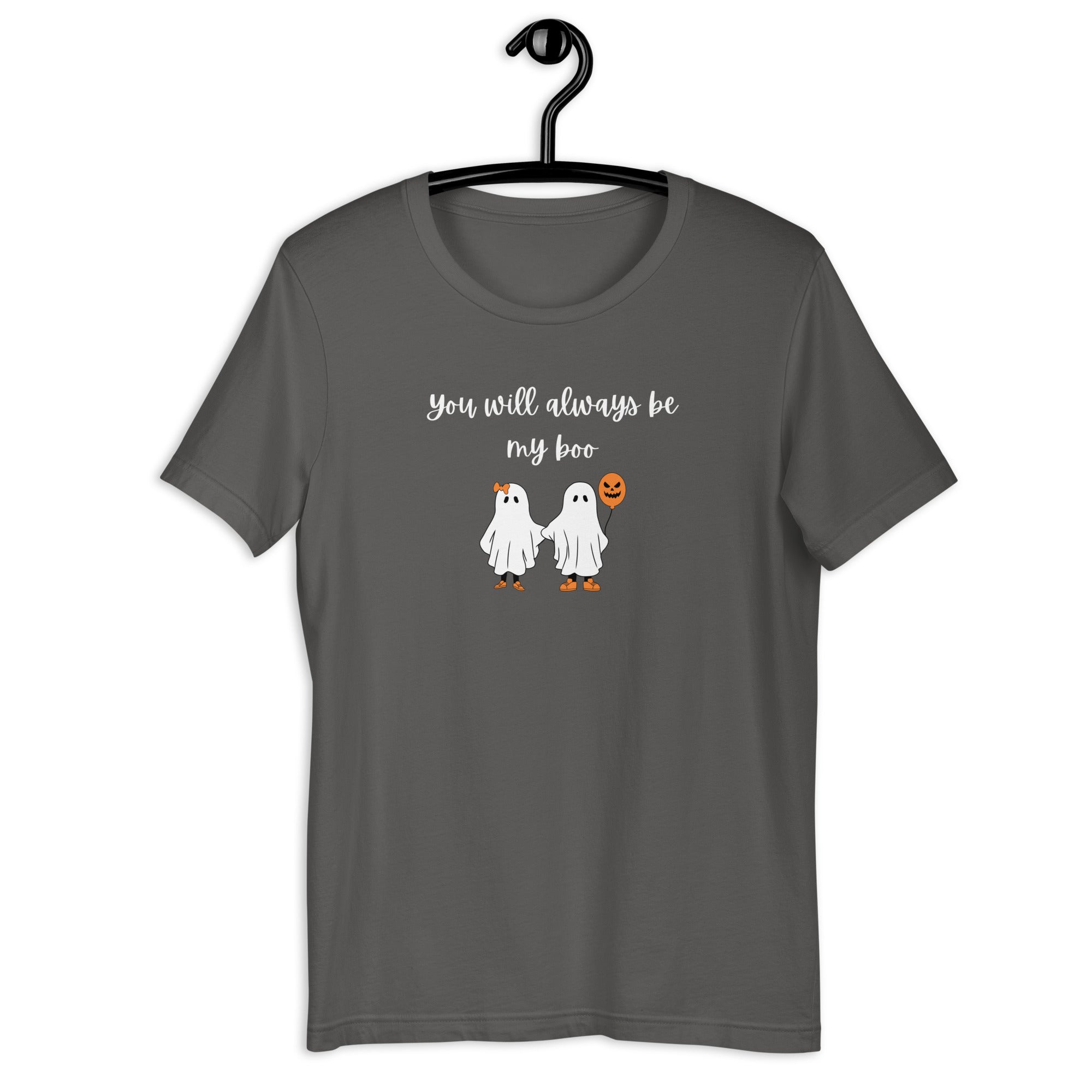 Front view of unisex Halloween graphic tee with two cute ghosts holding hands and text 'You Will Always Be My Boo' in asphalt gray