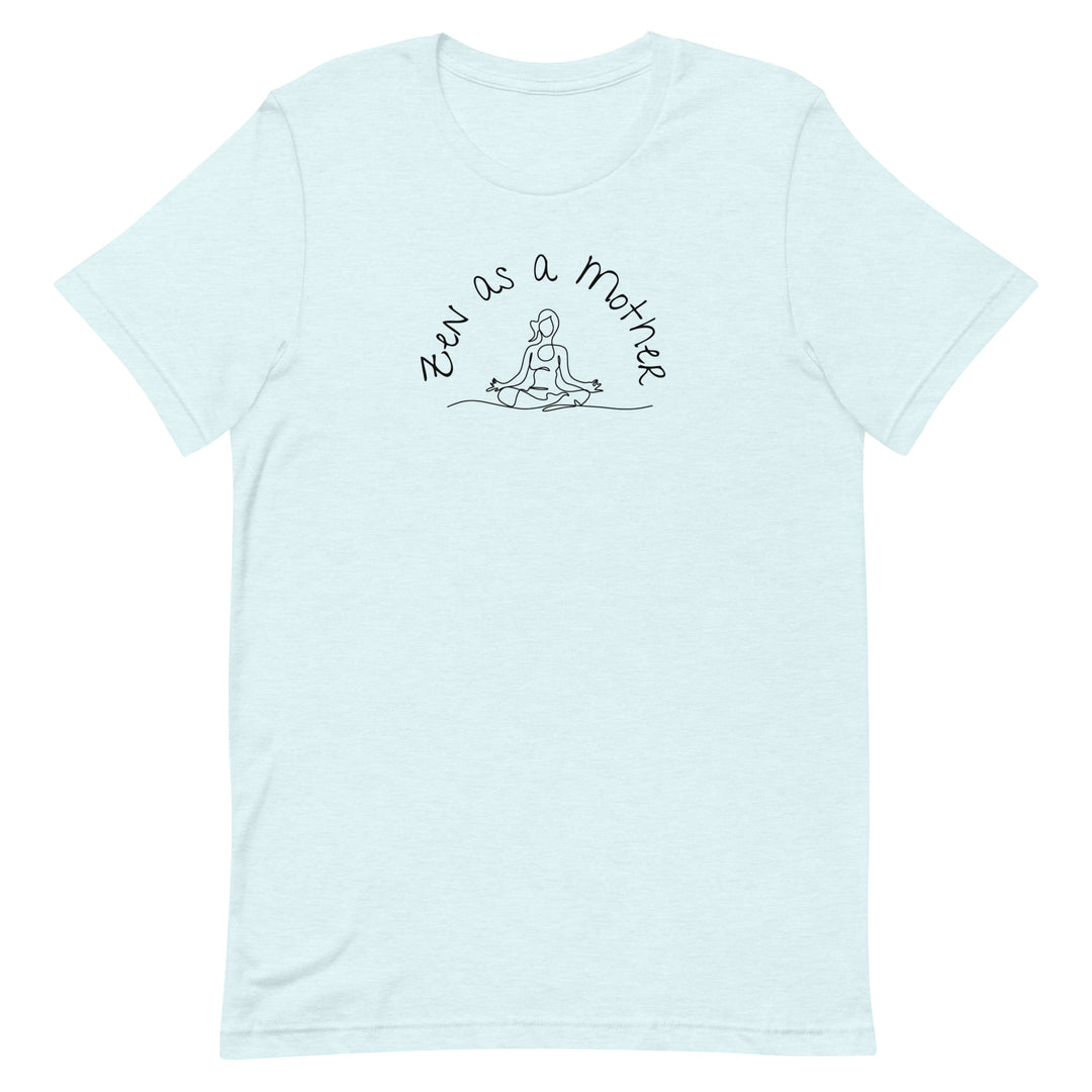 Light blue tee shirt with Zen as a Mother text and yoga line art graphic in black flat lay.